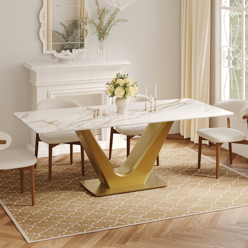 Table de salle à manger rectangulaire de luxe 71 po - Plateau en faux marbre avec base en acier au carbone en forme de V doré, table de cuisine contemporaine pour salle à manger