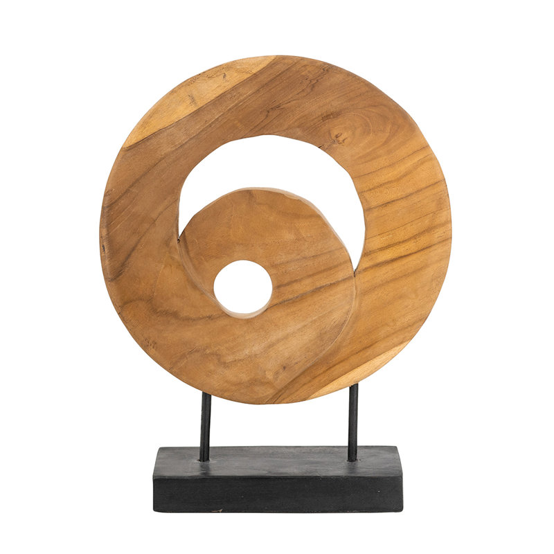 14x4.5x17.5" Abstract Brown Teak Wood Spiral Sculpture on Black Stand