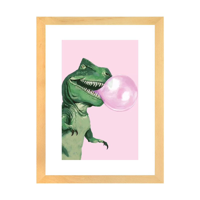 «Bubble Gum T Rex» par Big Nose Work - impression d'art graphique, Toile avec cadre en bois beige, Blanc