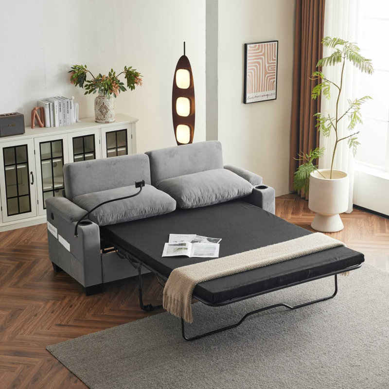 Grand canapé-lit coulissant avec chargement USB, mousse à mémoire de forme et coussins lavables, Gris
