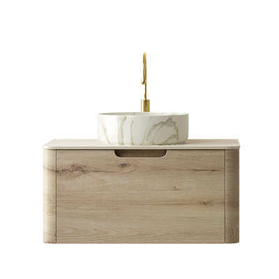 Meuble-lavabo de salle de bain avec lavabo, armoire de rangement flottante en contreplaqué avec tiroir, lavabo en céramique à motif de pierre et plateau en pierre frittée à motif de travertin