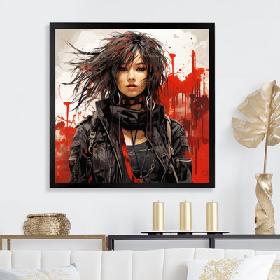 «Black and Red Punk Woman Rebellion Portrait IV - Fashion Illustration, art mural»