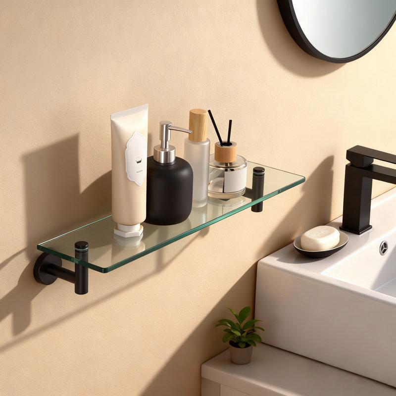 20 Inches Floating Shelf Tempered Glass Wall Mount Bracket 304 Stainless Steel Matte Black, Black