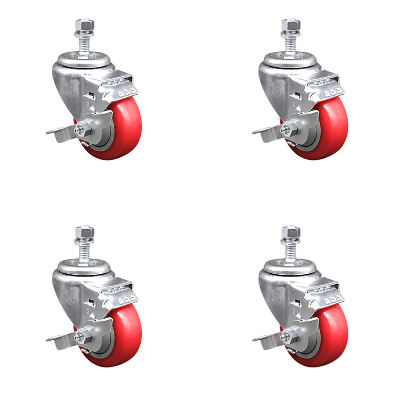 Ensemble de roulettes à tige filetée pivotante en polyuréthane de 3 po ½ po avec frein SCC, Rouge