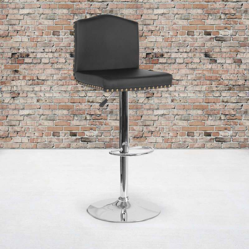Kaitlyne Adjustable Height Crown Back Barstool w/Accent Nail Trim in LeatherSoft, 1, Black