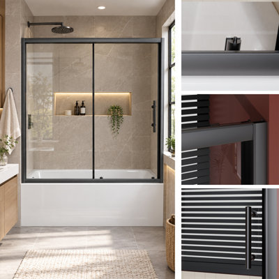 Porte de douche coulissante simple pour baignoire, 152 cm (L) x 157 cm (H), en verre trempé transparent de 5 mm d'épaisseur, avec poignée en acier inoxydable, noir mat