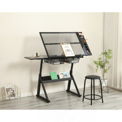 Hand Crank Adjustable Tempered Glass Drafting Drawing And Printing Table With Chair And Storage Space For Living Room, Study, Bedroom