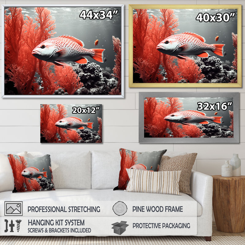 Impression sur toile monochrome corail et poisson gris I, Cadre simple noir, H 34 po x l 44 po x P 1,5 po