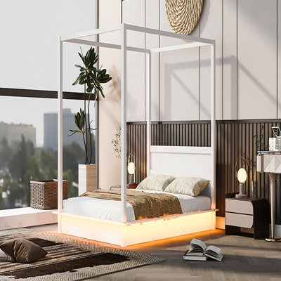 Grand lit à baldaquin à DEL en bois, lit plateforme à baldaquin avec lattes de soutien, aucun sommier tapissier requis, blanc