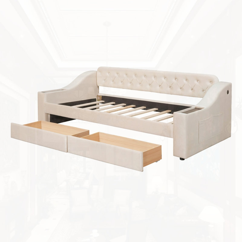 Lit de jour simple rembourré avec accoudoirs de rangement, Beige
