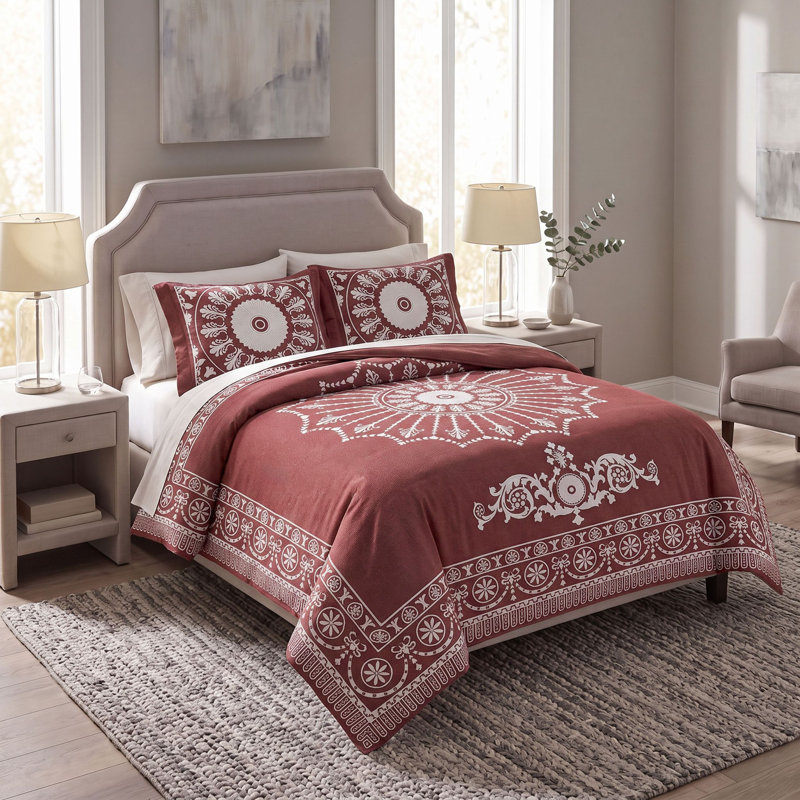 Ensemble de couvre-lit médaillon traditionnel en mélange de coton léger Alistair, Rouge