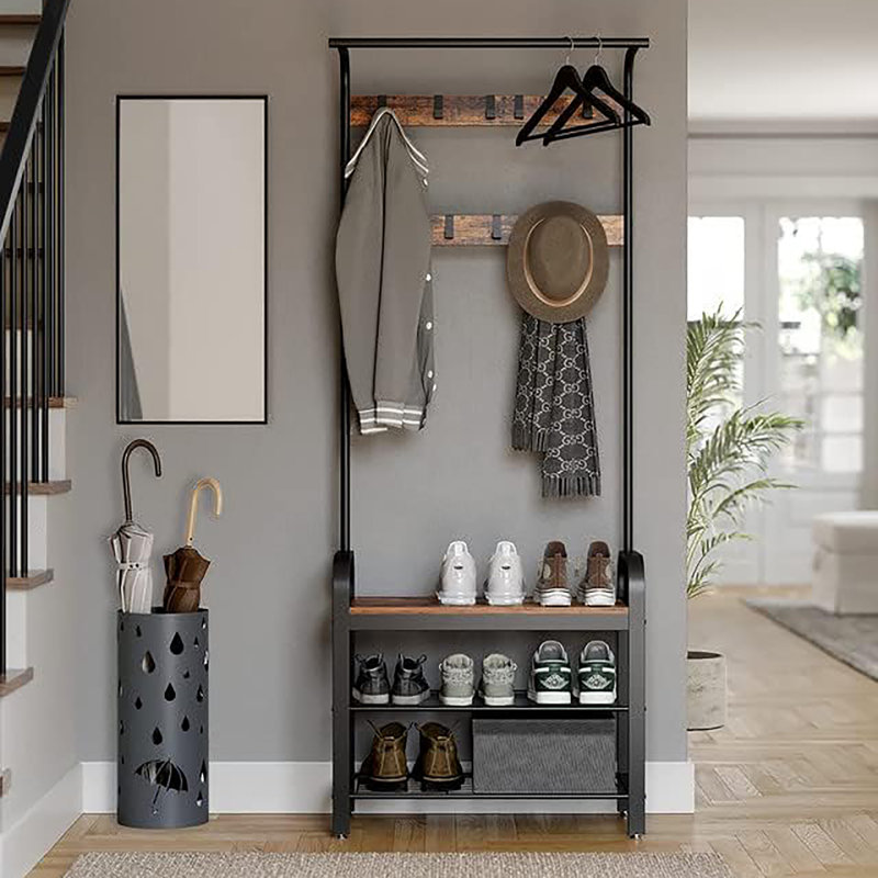28.3"W 4 in 1 Hall Tree for Entryway, Coat Rack with Shoe Bench, 9 Removable Hooks & Hanging Rod, Rustic Brown/Black
