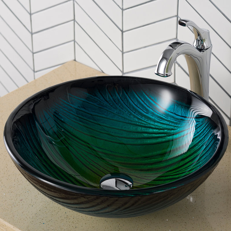 Nature Series Glass Circular Vessel Bathroom Sink with Faucet, Chrome