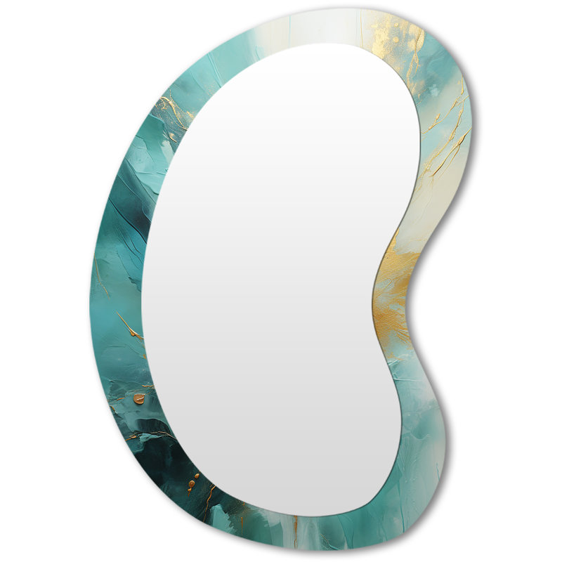 Gariella Gold And Teal Aurora Harmony II - Abstract Spirals Unique Shape Mirror, Gold Asymmetrical Unique Wall Mirror, Printed Metal Art