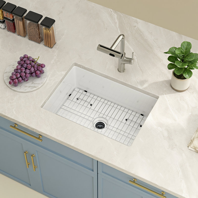 Évier de cuisine encastrable en céramique blanche avec grille et crépine L 27 po x l 19 po