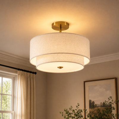  16'' 3-Light Semi-Flush Mount With Fabric Shape for Living Room or Bed Room