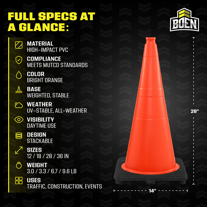 Cônes de signalisation orange Boen de 71 cm (28 po), paquet de 3, cônes de sécurité haute visibilité avec base de 3,2 kg (7 lb) pour le stationnement, les travaux routiers et la signalisation routière.