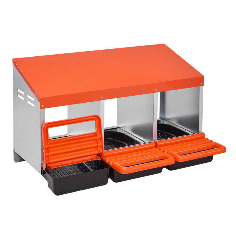 Boîtes de nidification pour poulets, 3 compartiments, boîtes à œufs en métal avec couvercles de protection, boîte de nidification à roulettes, facile à assembler, idéale pour les poules, les canards, les poulets et autres volailles, orange