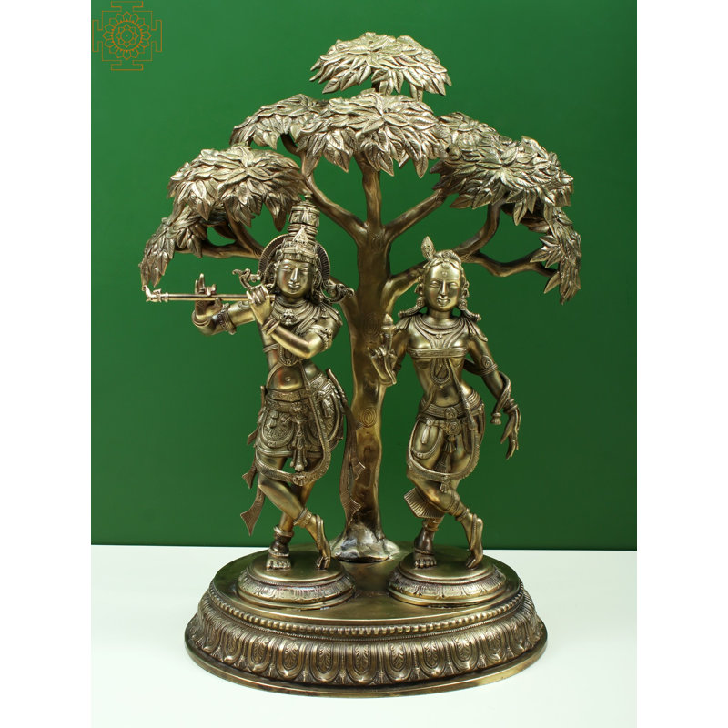 21" Superfine Bronze Radha Krishna Idol Standing Under Tree – Handcrafted Hoysala Art Solid Cast Sculpture for Home & Temple Decor