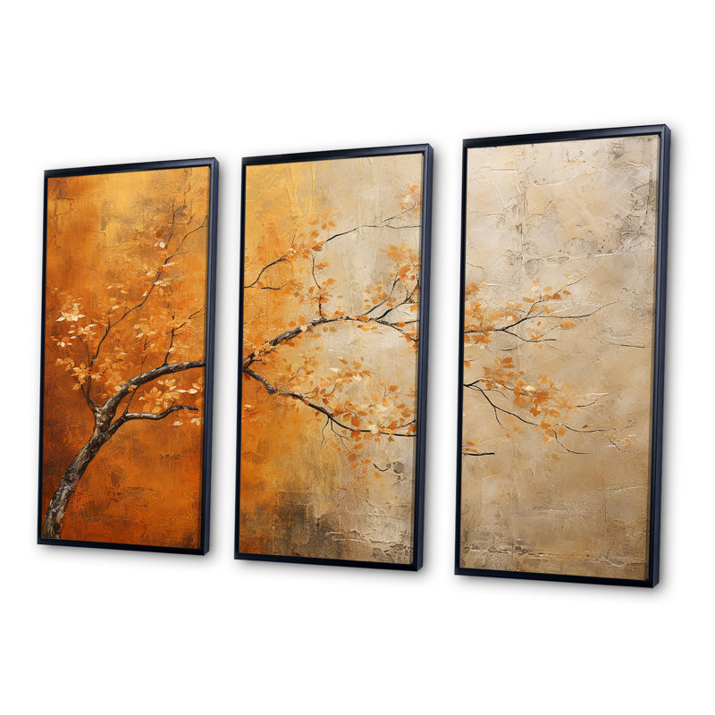 «Golden Autumn Forest Harmony II», ensemble d'art mural forêt, Cadre flottant noir, H 32 po x l 48 po x P 1 po