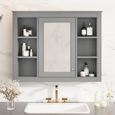 35'' X 27.5'', Medicine Cabinet, Wall Mounted Bathroom Storage Cabinet, Modern Bathroom Wall Cabinet With Mirror, Mirror Cabinet With 6 Open Shelves (Not Include Bathroom Vanity )