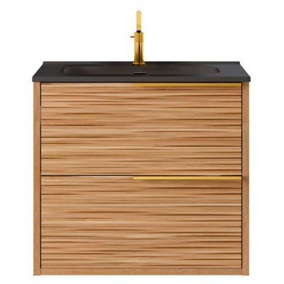 Meuble-lavabo mural simple en simili-bambou 24 po Nora avec plateau et poignées intégrés en céramique