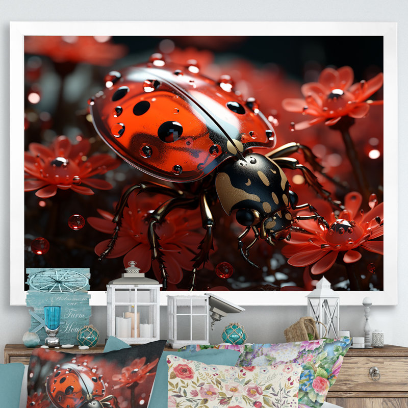 «Red Floral Ladybug Metamorphosis» sur impression sur toile, Cadre simple blanc, H 16 po x l 32 po x P 1 po