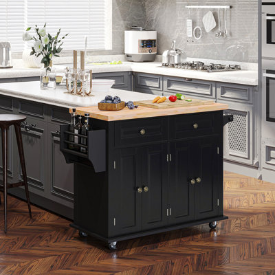 Kitchen Island Cart On Wheels, Black, Features Rubberwood Top, Spice Rack, Towel Rack And Concealed Storage With - Black. Keep Your Organized 2 Drawer