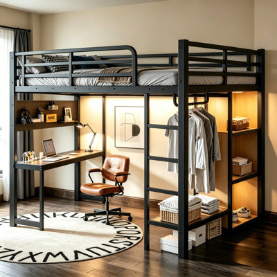 Lit mezzanine en métal pleine grandeur avec bureau et étagères de rangement, cadre de lit mezzanine robuste avec ports USB, lumières, tringle à vêtements, planche de rangement, lit gain de place pour adolescents, adultes, dortoirs et petits appartements, noir.