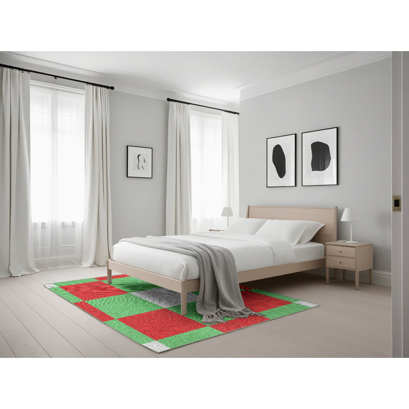 Tapis rouge/vert à motifs, Rectangle 5 pi x 7 pi
