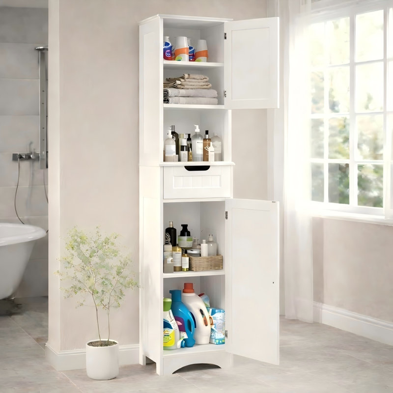 Grande armoire autoportante en lin avec 2 portes, 1 tiroir et tablettes réglables pour la salle de bain, Blanc / Blanc