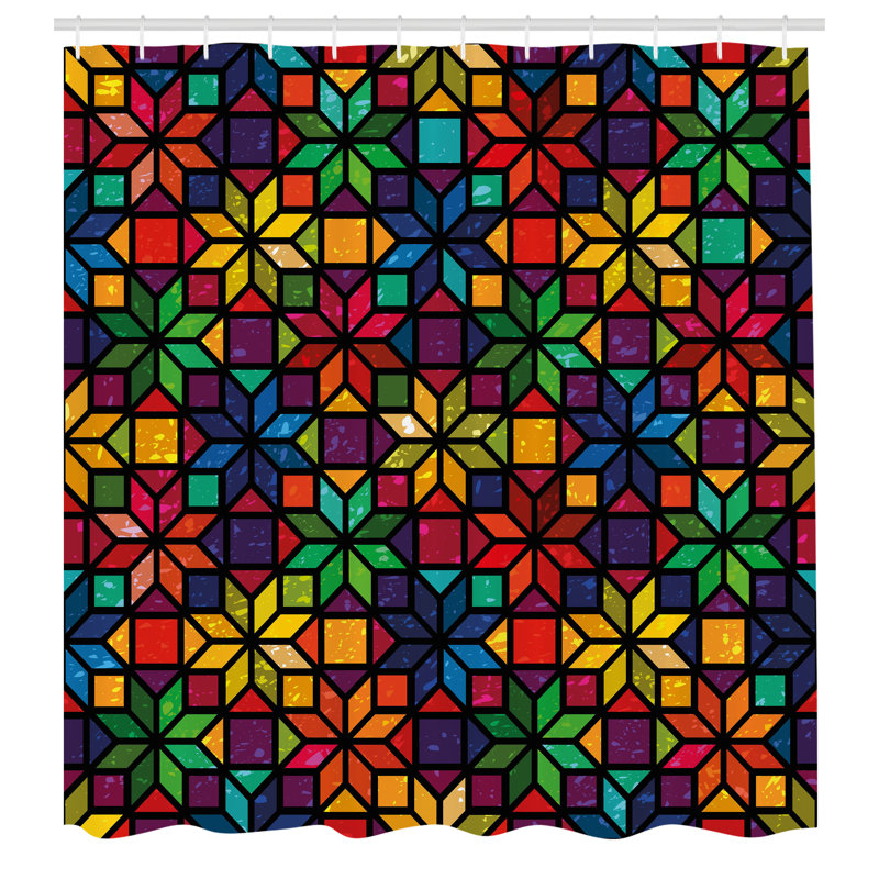 Multicolor Geometric Pattern Water-Resistant Shower Curtain with Hooks
