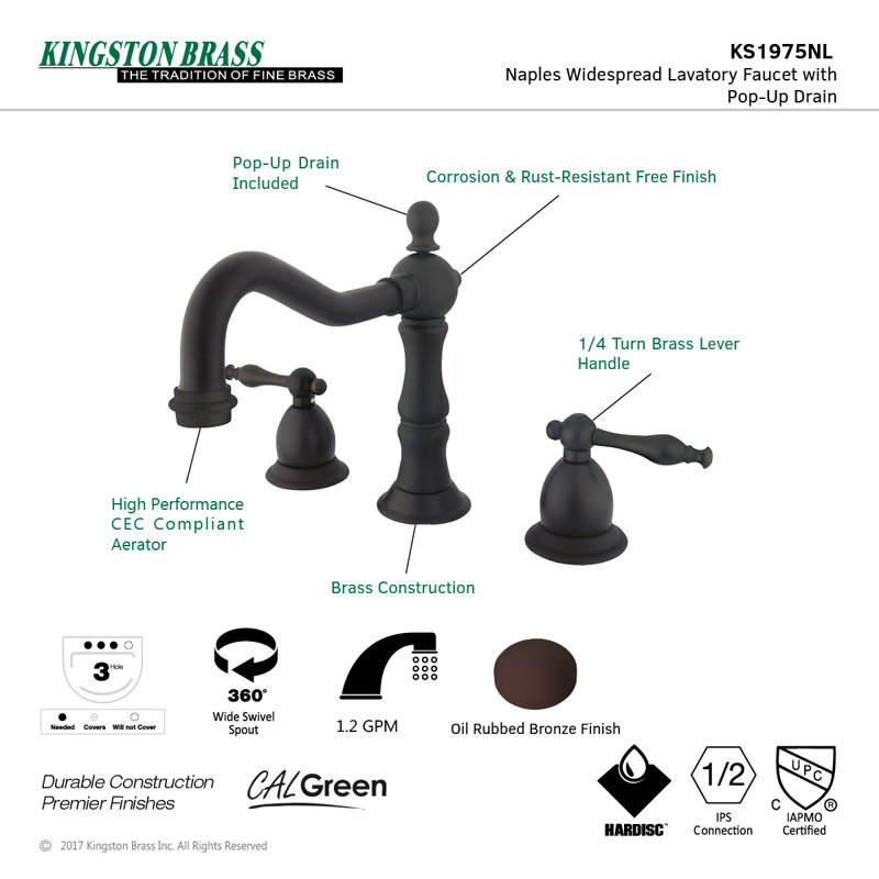 Kingston Brass Heritage Two-Handle 3-Hole Deck Mount Widespread Bathroom Faucet with Brass Pop-Up Drain, Oil Rubbed Bronze