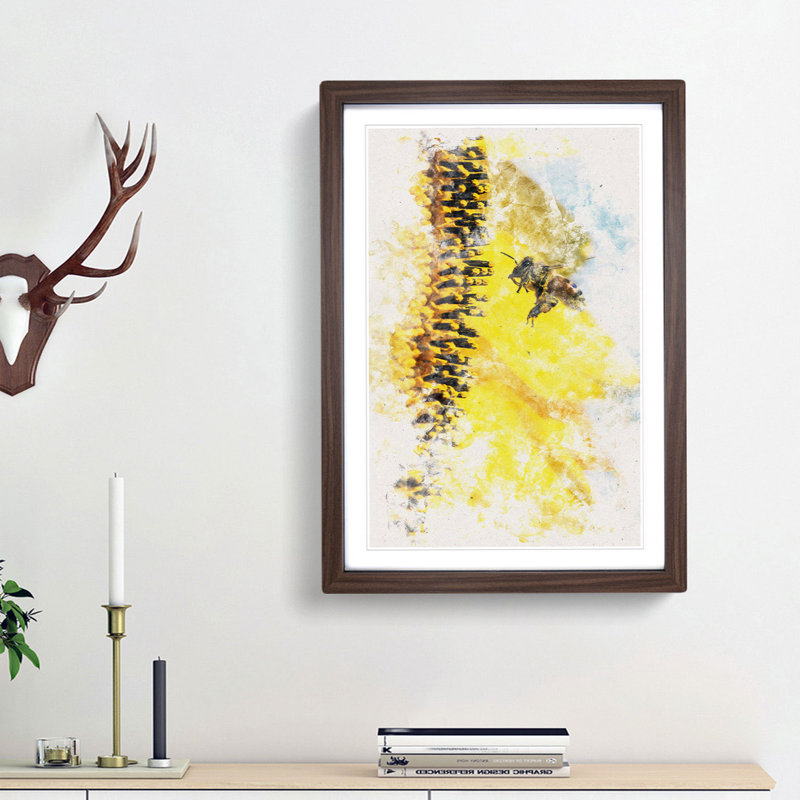 Busy Bee & Yellow Flower Watercolour - Picture Frame Graphic Art, Walnut Framed, 87cm H x 62cm W x 2cm D