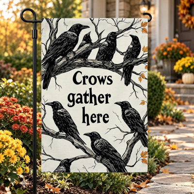 Drapeau de jardin de bienvenue pour l'Halloween, double face, 30 x 45 cm, noir et blanc, corbeaux rassemblés