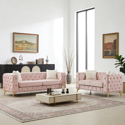 Mid-Century Velvet Chesterfield sofa Set with Button Tufting & Metal Legs