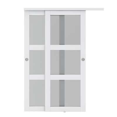 Porte coulissante double en verre trempé givré 3-Lite avec trousse de quincaillerie d'installation