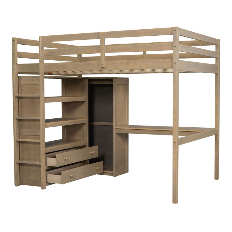 Lit mezzanine double en bois avec garde-robe intégrée, bureau, tablettes et tiroirs, solution de rangement compacte, Walnut