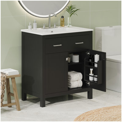 Meuble-lavabo 30 po avec lavabo en céramique, armoire de salle de bain simple noire moderne avec 2 portes et une tablette, portes à fermeture douce