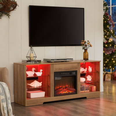 Meuble télé, foyer électrique avec tablettes en verre, lumières DEL 3D, prise de charge USB, idéal pour les espaces de divertissement modernes