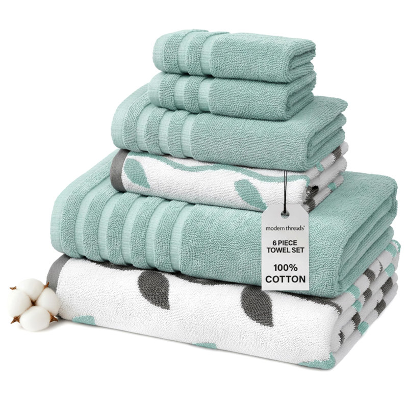 Organic Vines 6-Piece 100% Cotton Towel Set – Yarn Dyed Jacquard & Solid – Includes 2 Bath Towels, 2 Hand Towels, 2 Washcloths – Absorbent, Quick Dry, Soft & Durable – Aqua