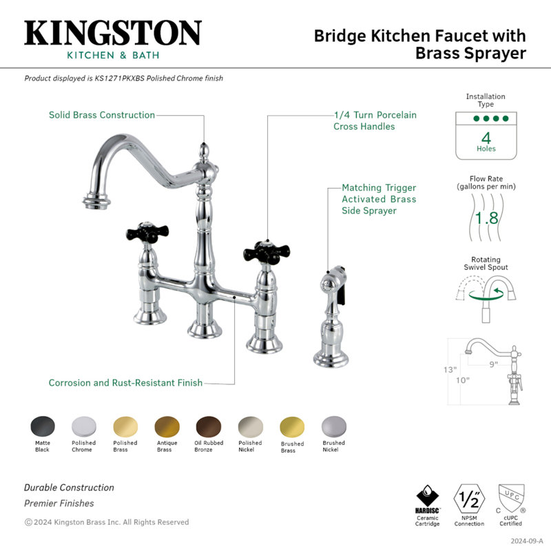 Kingston Brass Duchess Two-Handle 4-Hole Deck Mount Bridge Kitchen Faucet with Brass Side Sprayer, Polished Nickel