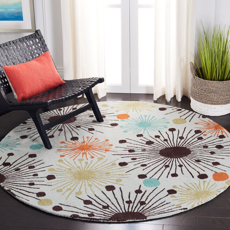 Tapis en laine touffeté à la main à motif floral bleu clair / multicolore Amier, Rond 6 pi