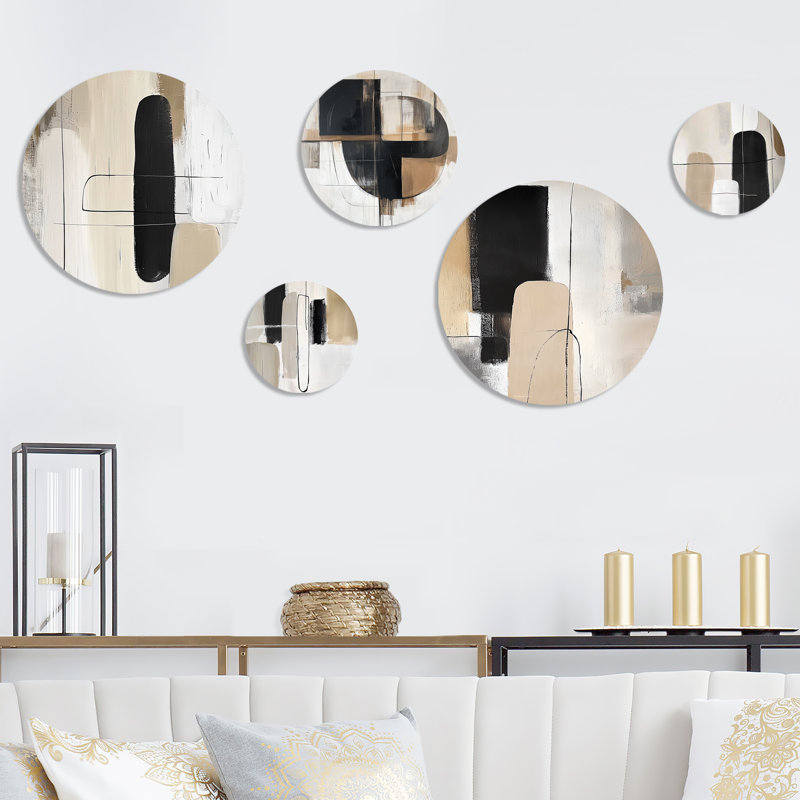 Compositions minimalistes et géométriques dans des tons naturels - ensemble de 5 décorations murales abstraites Mid-Century