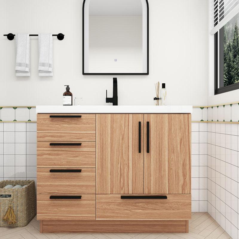 Meuble-lavabo autoportant avec tiroirs latéraux Carla, 42", Chêne blanc