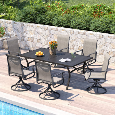 Ensemble repas d'extérieur 70,9 po avec très grande table rectangulaire et 6 chaises pivotantes en textilène 