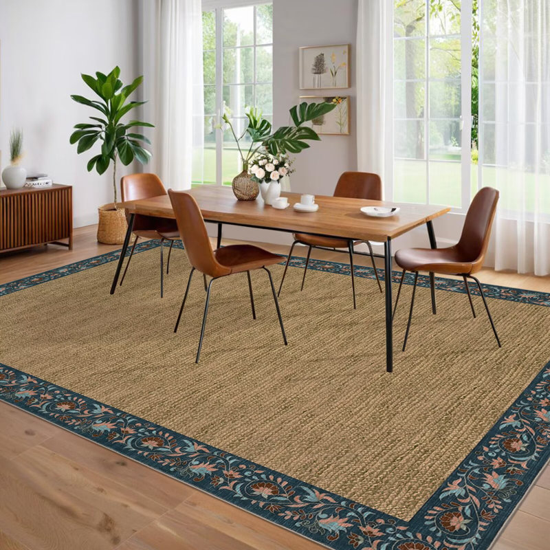 Floral Bordered Machine Washable Rug with Non-Slip Backing Non-Shedding Foldable Soft Low Pile Indoor Carpet