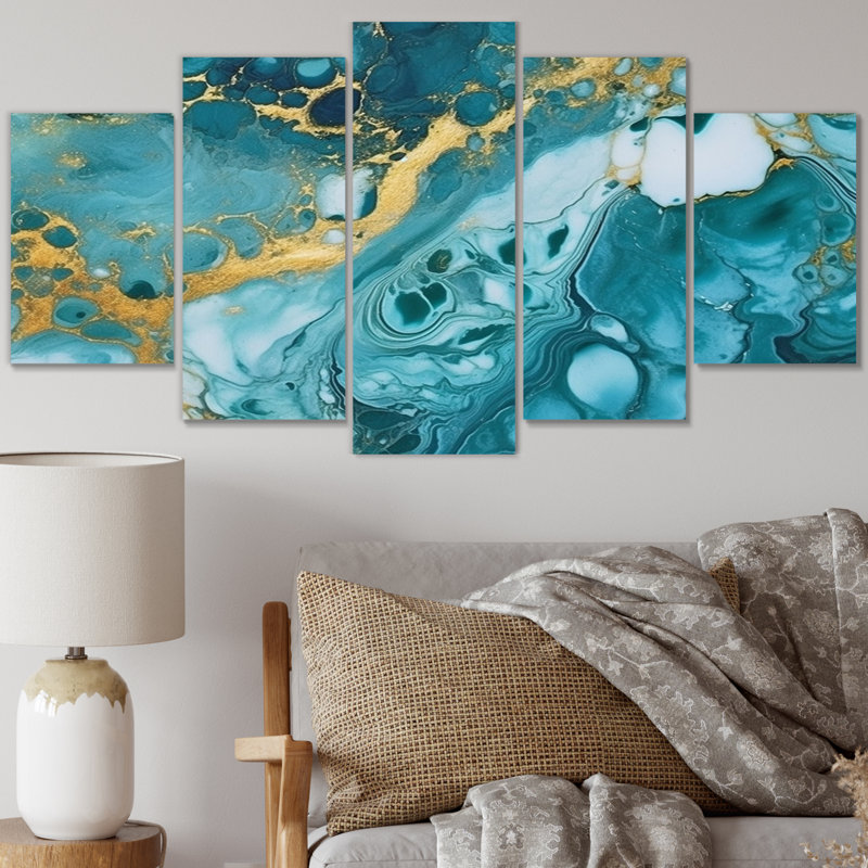 Turquoise luxueux abstrait fluide Art V - décoration murale abstraite - 5 panneaux