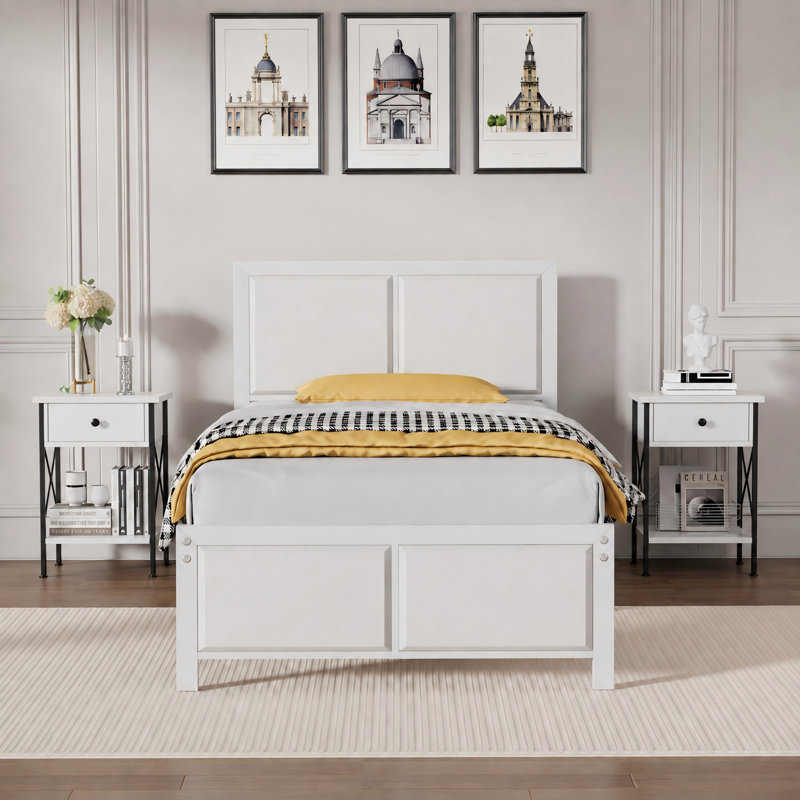 Ensemble de chambre à coucher pour lit simple 3 pièces Kempst, ensemble de lit plateforme et table de chevet en bois moderne, ensemble de mobilier de chambre à coucher industriel de style campagnard en blanc, aucun sommier nécessaire