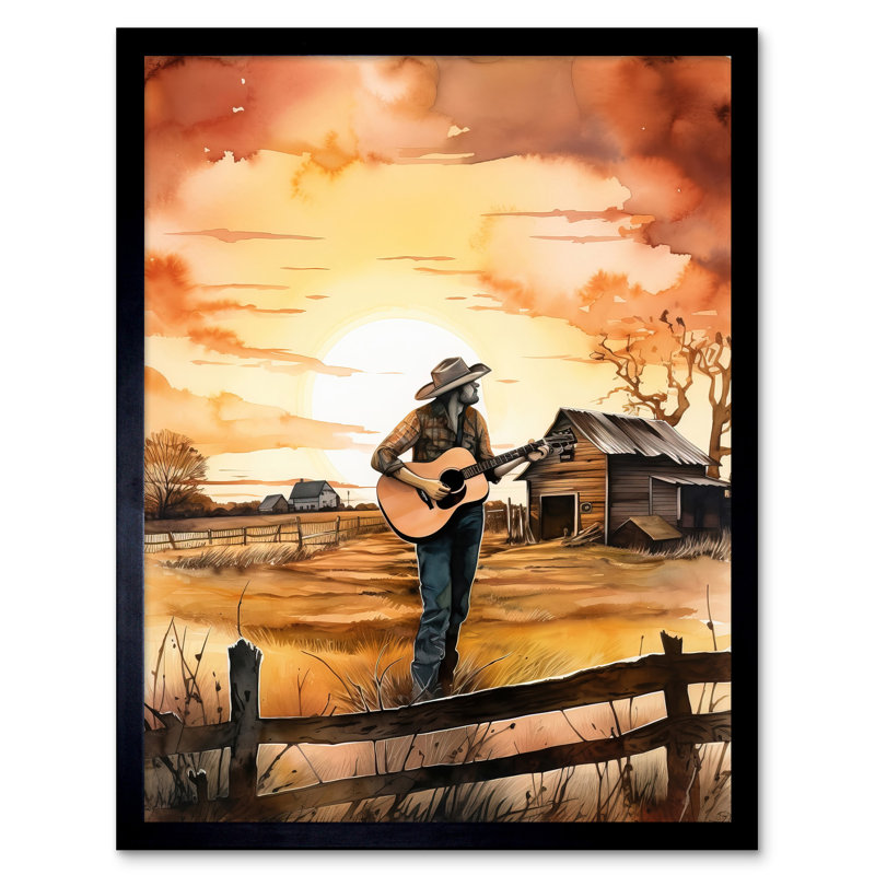 Sagunto Man Playing Country Music Guitar In Countryside Farm On Sunset - Single Picture Frame Print